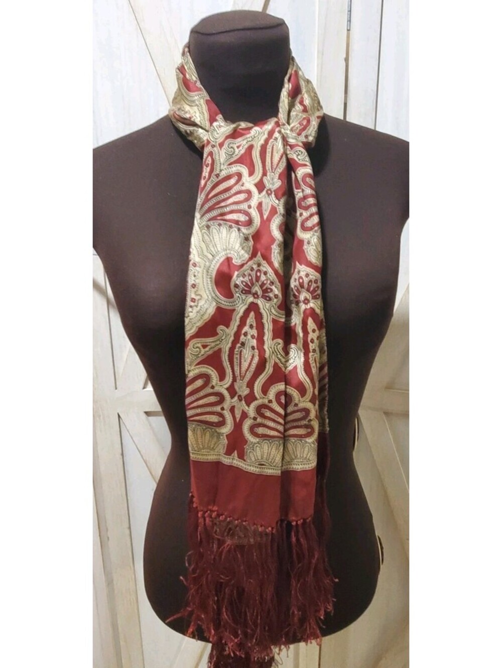 VTG Women Echo Maroon Gold Silk Fringe Scarf Cottage Delicate Romantic Artsy